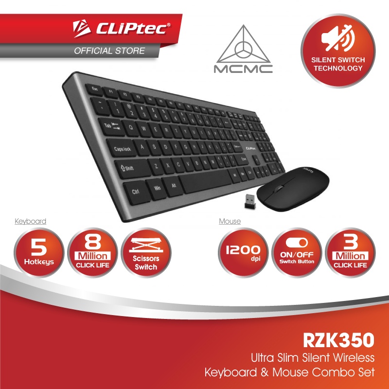 CLiPtec SLIMLINE AIR Ultra Slim Wireless Silent Multimedia Keyboard and Mouse Combo Set RZK350