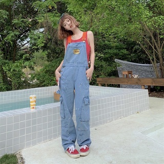 Many Jeans Overalls เอี๊ยมกางเกงยีนส์ขายาวเอวสูงปักลายเบอร์เกอร์