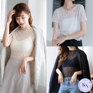 🎏Korea NEW เสื้อลูกไม้ซีทรู 3 สีพื้น ไม่มีซับใน คอกลมแขนสั้น สไตล์เกาหลี
