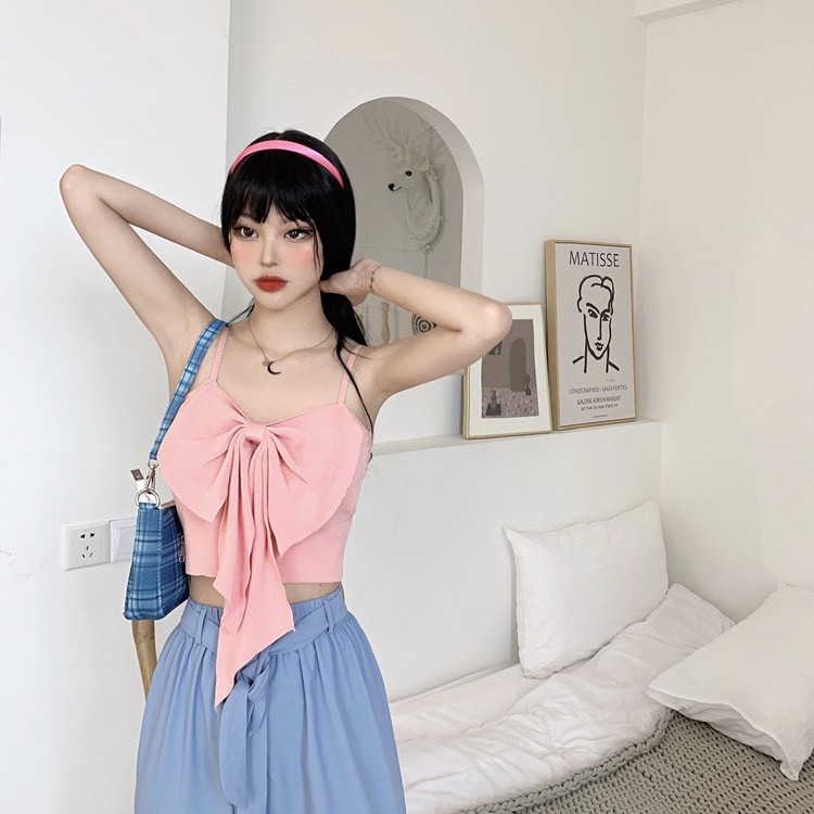 สายเดี่ยวไหมพรมเอวลอยครึ่งตัว ​ สีสดเนื้อผ้าเนียน แต่งจีบโบว์ใหญ่ - รูปที่ 4