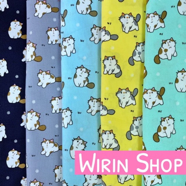 ผ้าคอตตอน 100% ลายน้องแมวตัวอ้วน | ผ้าเมตร หน้ากว้าง 44 นิ้ว