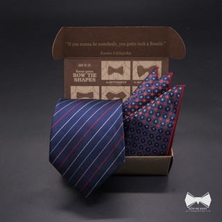 เซ็ทเนคไทกรมท่าลายขวาง+ผ้าเช็ดหน้าสูท-Navy Blue Diagonal Stripe Necktie + Pocket Square