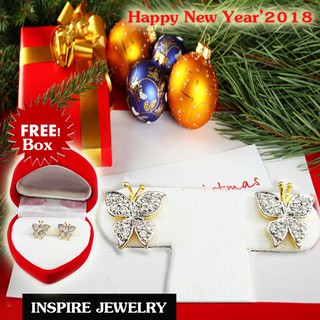 INSPIRE JEWELRY ต่างหูฝังเพชรสวิสรูปผีเสื้อ  หุ้มทองแท้ 100% or gold plated  งานจิวเวลลี่แบบร้านเพชร  พร้อมกล่องกำมะหยี่