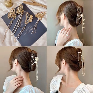 Butterfly Tassel Pearl Hair Claw Clip Korea Elegant Large Metal Hair Clamp