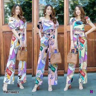 Set เสื้อครอปแขนตุ๊กตา+กางเกงขายาว ลายใบไม้ TW14481