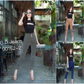 G.D.Jeans รุ่น 90152#กางเกงขายาวผ้ายืดทรงกระบอกเล็กผ้าลูกฟูกเอวสูงแต่งดีเทลข้างขอบเอวพร้วมกระดุมทองแบบเก๋ๆ