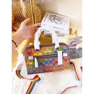 แท้💯% Coach CA615 Rowan Satchel In Rainbow Signature Canvas ส่งฟรีค่ะ