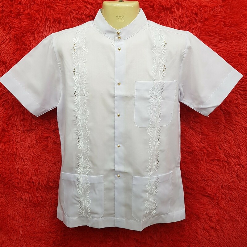 เสื้อกูรงชายแขนสั้นปักลาย คอจีน มีกระเป๋าอเนกประสงค์ 3 ใบ สุภาพเรียบร้อย รุ่น SHC34