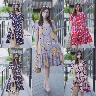 PP12042 Dress #สาวอวบ เดรสคอกลมลาลายดอก