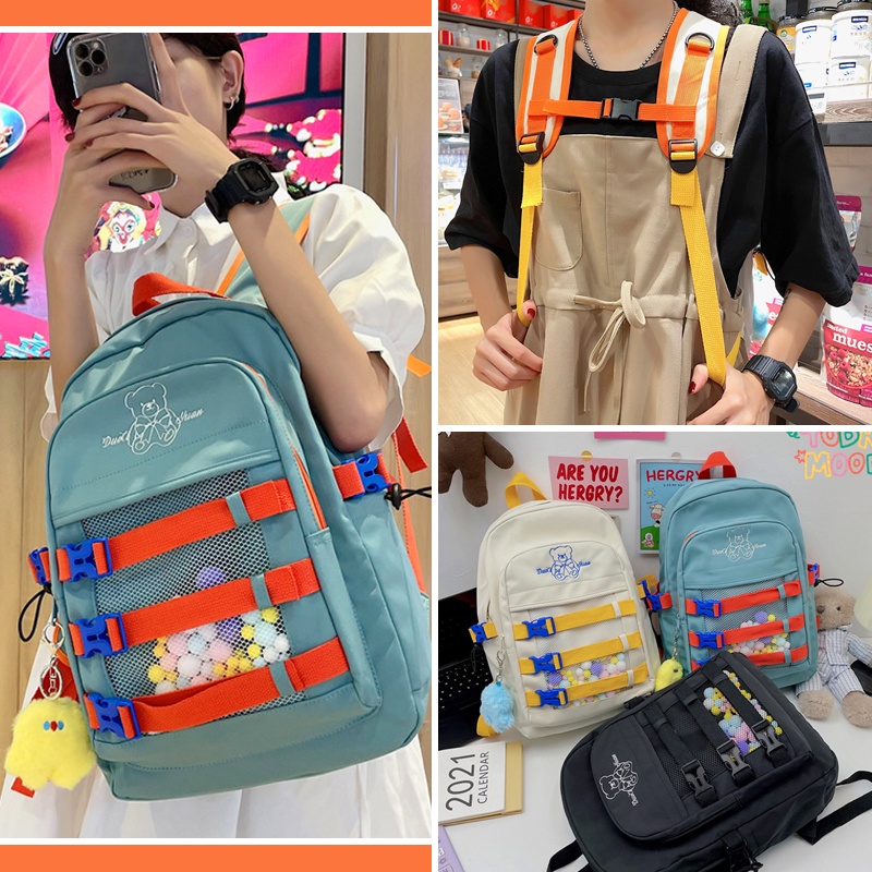Ulzzang Bear กระเป๋าเป้กันน้ํา สําหรับไปโรงเรียน ออกไปข้างนอก สีโดดเด่น น่ารัก (Taobao Item