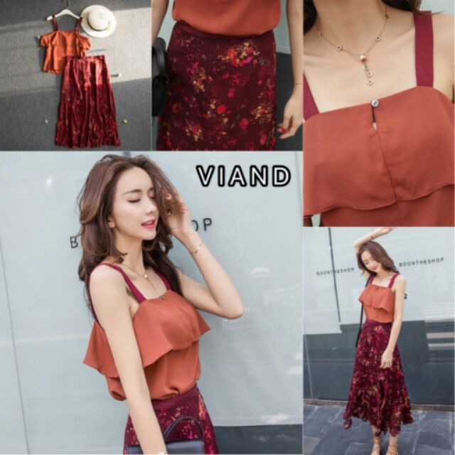 Viand ชุดเซต เสื้อสายเดี่ยวแต่งระบาย กระโปรงยาวสีสันสดใส