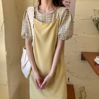 C6260-C6261 Sunshine yellow shirt and dress เสื้อแขนสั้นลายตาราง และชุดเดรสยาวสายเดี่ยวผูกไหล่ น่ารักมาก