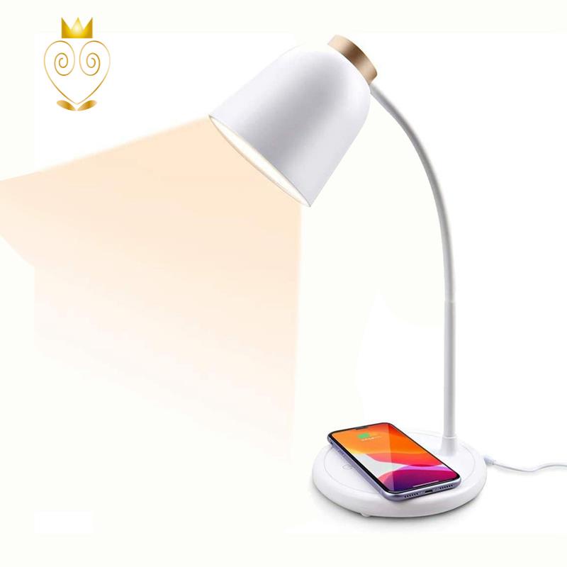 Dimmable White Table Light for Reading and Studying. Toyolo 4 in 1 Led Desk Lamp with Wireless Charger for Office 