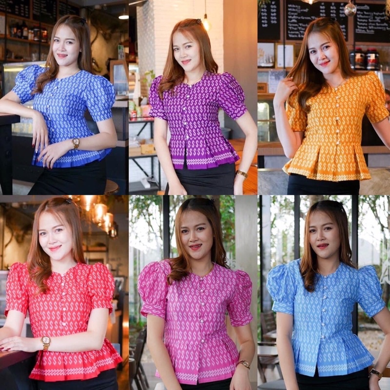 เสื้อลายขอ เนื้อผ้าคอลตอลพิมพ์ลายขอ แบบคอกลม กระดุมหน้า แต่งชายระบาย #ไม่อัดกาว ไม่ซับใน เรียบๆ แต่ด