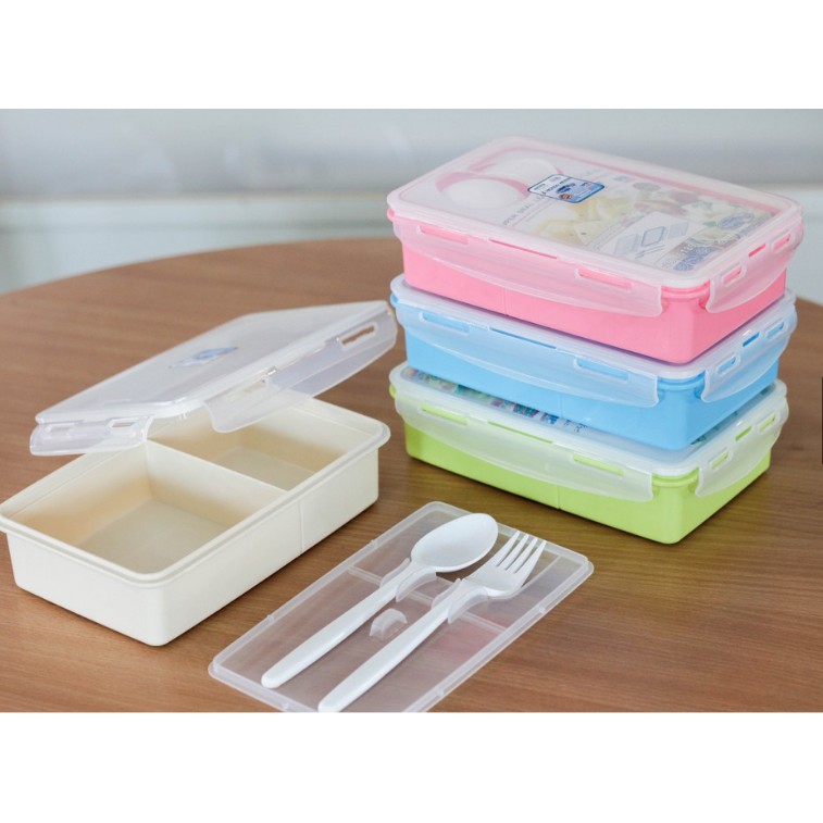 M KITCHEN กล่องข้าว กล่องอาหาร พร้อมช้อนส้ม  2 ชั้น Super lock  กล่องอาหารกลางวัน กล่องใส่อาหาร 6189 (A7)