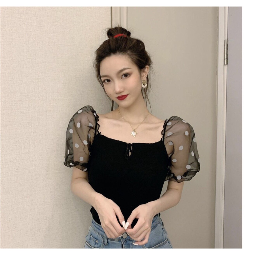 เสื้อผู้หญิงเปิดไหล่แขนลายจุด แนวเซ็กซี่และน่ารัก แขนพอง จั๊มแขน #39035