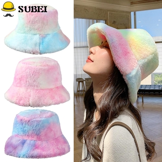 Subei หมวกบักเก็ต ขนเทียมนิ่ม สีรุ้ง อบอุ่น เหมาะกับหน้าหนาว แฟชั่นวันหยุด กลางแจ้ง สําหรับผู้หญิง