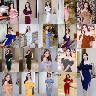 เดรสปาดไหล่ระบายผ่าหน้า MM11284 Off-the-shoulder dress with slit frontOff-the-shoulder dress with slit front