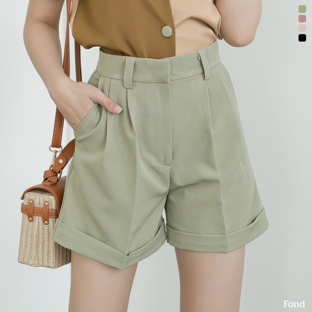 Fond - กางเกงขาสั้น เอวสูง ตะขอหน้า ปลายขาพับ Fond 'F002'