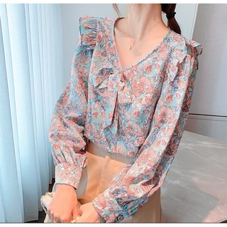 เสื้อชีฟอง ลายดอก คอวีผูกโบว์น่ารักๆ