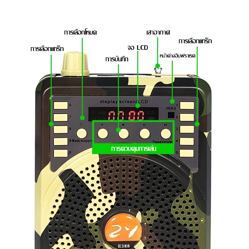 （จัดส่งจากประเทศไทย）e388 ลำโพงขนาดเล็กแบบพกพา เครื่องขยายเสียง มีบลูทูธและรีโมท แบตเตอรี่ในตัว สอนลำโพงลำโพง วิทยุ FM