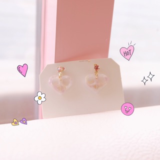 💗ต่างหูหัวใจ heart pale pink stone with diamond earring💗