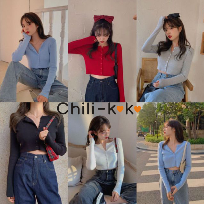 Chili_k❤️k❤️ 5203 ***พร้อมส่ง*** เสื้อ Cardigan แขนยาว สีพื้น กระดุกถอดได้ คอกลม สุดปังยุคนี้ต้องแนวนี้​