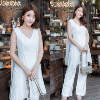 จั้มสูทขายาวสีขาวงานผ้าซาร่า แต่งคอวีเว้า
