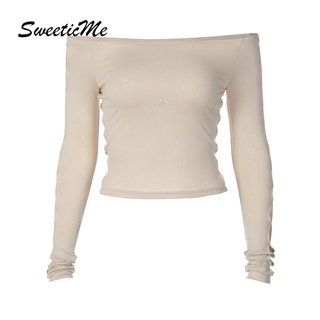 Sweeticme ใหม่ เสื้อยืดลําลอง แขนยาว คอตรง สีพื้น เซ็กซี่ แฟชั่นสําหรับสตรี 2022