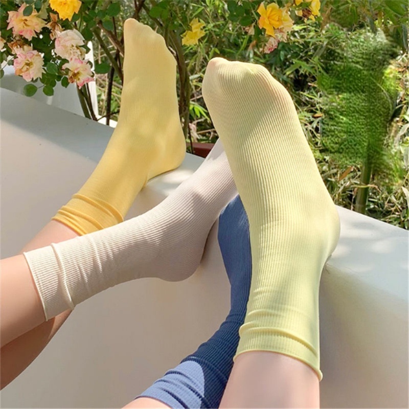 ถุงเท้าแฟชั่นเกาหลี JK | ถุงเท้ากลางลูกเรือผ้าไหมน้ําแข็งบางเฉียบ | Pastel Dopamine Colorfor Women(ครีม/ชมพู/เหลือง)