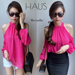 เสื้อชีฟองแขนยาวเปิดเว้าไหล่ทรงคอจีนผูกโบว์หลังคอ มีซับเต็มต…