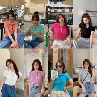 CICISHOP🍓พร้อมส่ง🍍(6043/2971)เสื้อครอปแขนสั้นคอปกสีพื้นงานไหมพรม น่ารักสุดๆ