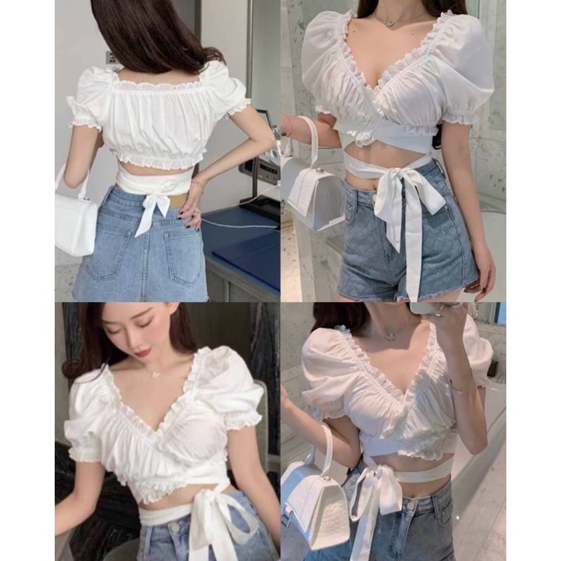 ♦️DOODEE2♦️01/17เสื้อครอปผูกเอวแต่งระบายสวยมาก ใส่ได้หลายแบบ