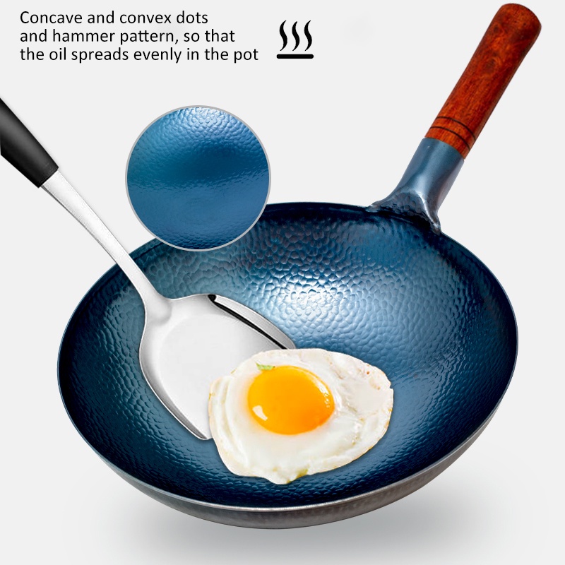 ◙▣Traditional Chinese wok, Cast Iron Cookware Carbon Steel Round Bottom Wok,Beech Wood Anti-scald Handle, for Kitchen Ga