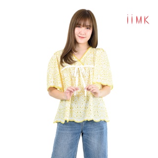 iiMK เสื้อลูกไม้ปักฉลุ คอวี แขนค้างคาว สีเหลือง WKB395