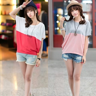 TJ(เสื้อแฟชั่น คอกลม แขนค้างคาว สีทูโทน เทาชมพู รหัสสินค้า HH8490 ชมพู