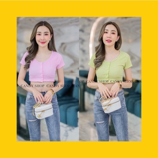 เสื้อครอปแขนสั้น/ผ้าครันชี่ยืดติดกระดุมหน้าใส่สบาย💥อก32-36นิ้ว