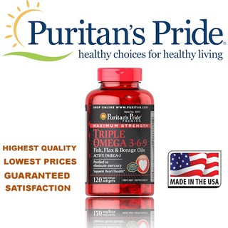 Puritans Pride Maximum Strength Triple Omega 3-6-9 (Fish, Flax , Borage Oils) / 120 Softgels วันที่หมดอายุ 01/2023