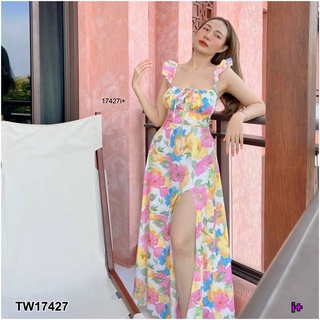 17427 เดรสอกรูดหน้า สานหลัง พิมลายดอก Dress has drawstring at chest, Weave back, floral print