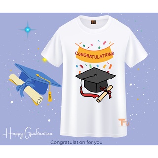 เสื้อยืดรับปริญญา ลายบัณฑิต หมวก congratulations แสดงความยินดี สีขาว เนื้อผ้านุ่ม ใส่สบาย ไม่ยับง่าย สกรีนสีคมชัด