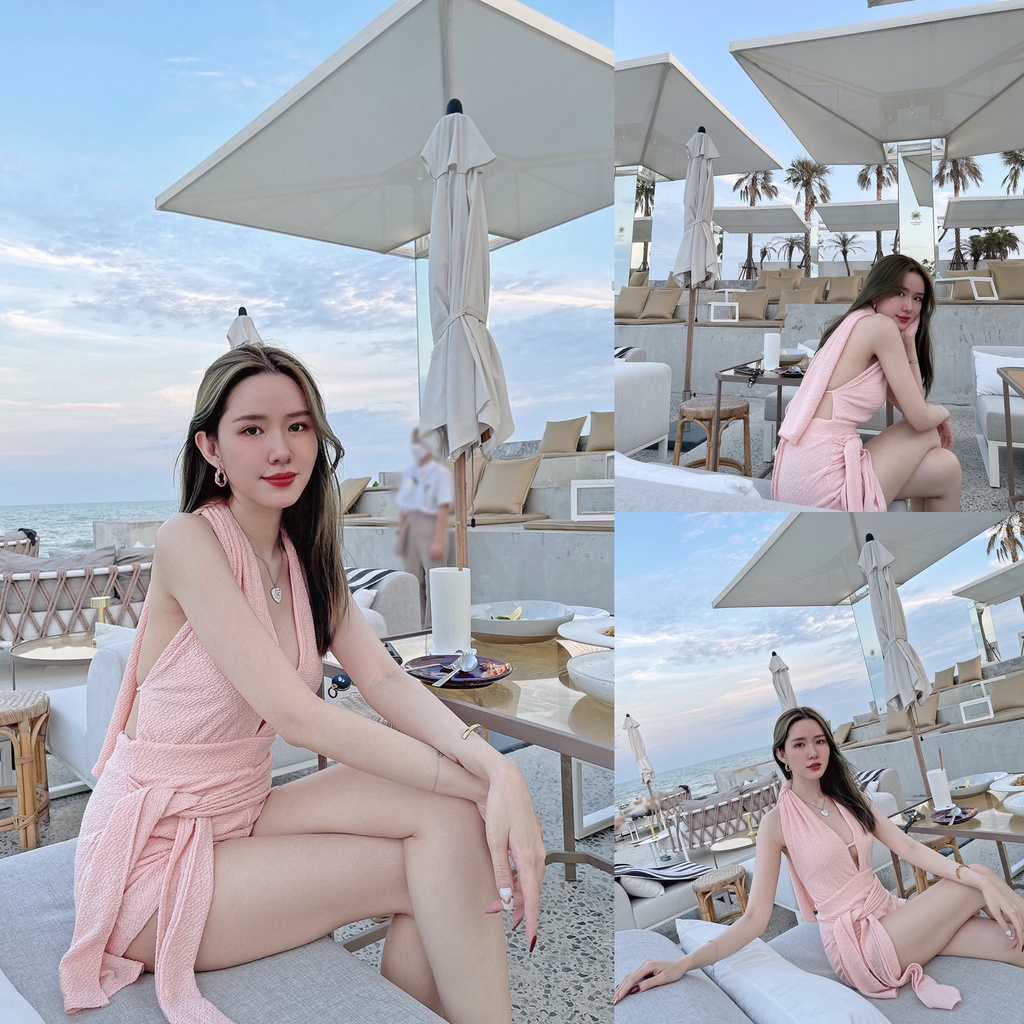 พีช/ม่วง SLYQ MADE IBIZA OPEN BOW BACK BODYSUITS ชุดบอดี้สูทกางเกงขาสั้น จั๊มสูทขาสั้นผ้ายืด