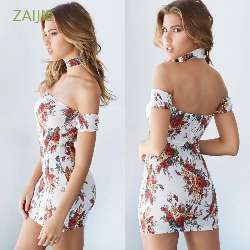 ชุดเดรสสั้นลายดอกไม้สำหรับผู้หญิง dress Zaijie