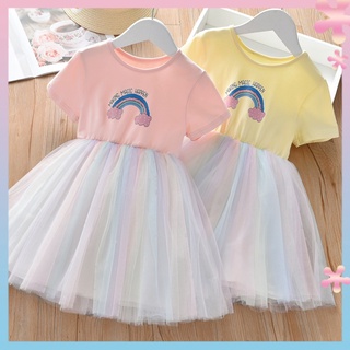 Girls mesh dress summer new Korean style childrens rainbow skirt short sleeve summer dress baby princess dress childrens clothing