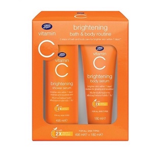 BOOTS VITAMIN C บู๊ทส์ วิตามิน ซี ไบรท์เทนนิ่ง บาธ แอนด์ บอดี้ รูทีน x 2 ชิ้น (495มล+180มล)