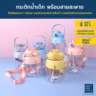 Super Lock ขวดน้ำเด็ก กระติกน้ำเด็ก มีหลอดดูดซิลิโคน พร้อมสายสะพาย ขนาด 1 ลิตร และ 1.5ลิตร  รุ่น 6921 , 6922 BPA Free Bottle มี 4 สี ชมพู ฟ้า เหลือง และเทา
