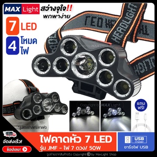 MaxLight (LED 7 ดวง-มีไฟกระพริบ) ไฟฉาย ไฟฉายคาดหัว ไฟฉายแรงสูง 7 ดวง สว่างจัดเต็ม!! ไฟ 4 โหมด ชาร์จไฟ USB