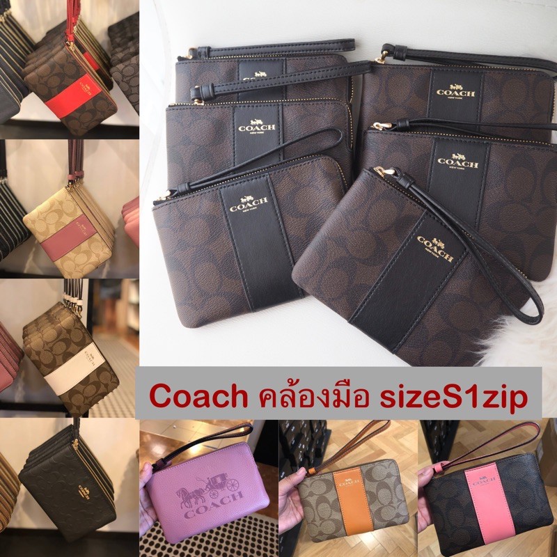 แท้100% COACH  กระเป๋าคล้องมือ Corner Zip Wristlet in Signature Coated Canvas with Leather Stripe รุ