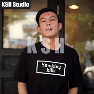 เสื้อยืดMens Hip Hop T-shirt Embroidered Rabbit Smoking kills Printed round Neck Cotton Short Sleeve T-shirt