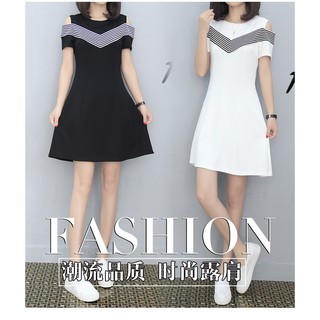 ชุดเครสสั้นทรงเอ คอกลม เปิดไหล่ Fashion เกาหลี พร้อมส่ง