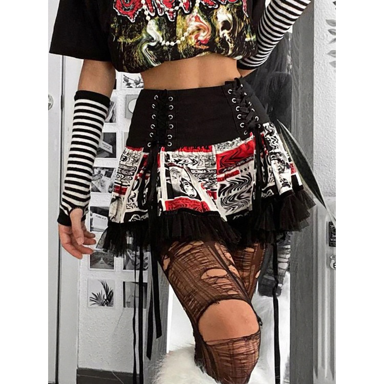 Goth Dark Vintage Printed Gothic Bandage Mini Skirts Grunge Punk Lace Patchwork Sexy A Line 7697